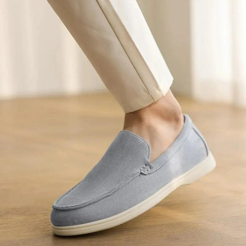 Men's suede loafers in light gray, slip-on driving flats with cream outsole