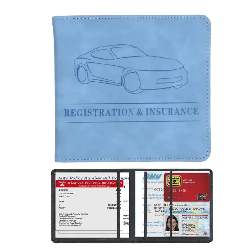 Men's car registration and insurance card holder wallet, blue with car outline illustration and multiple card slots.