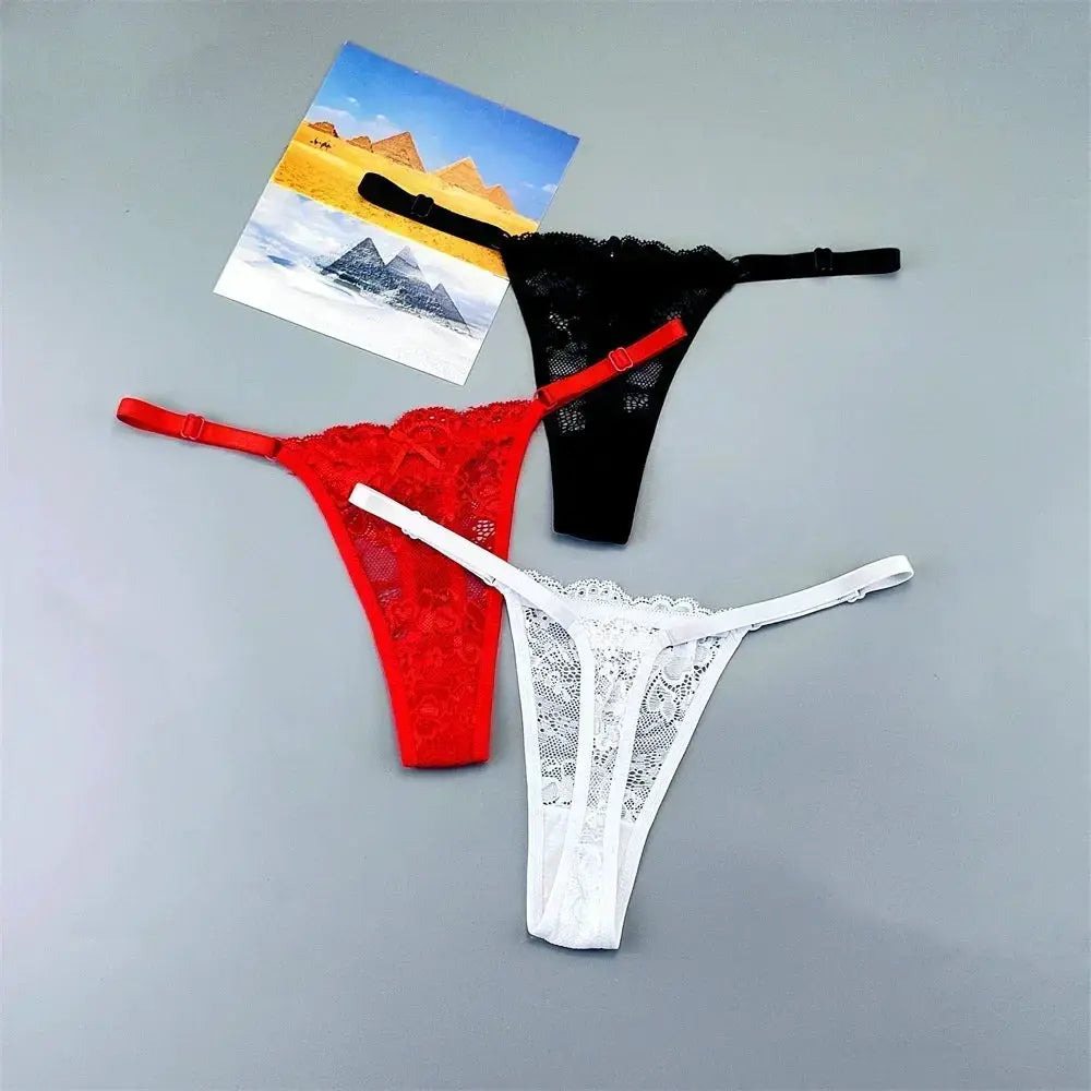 3PCS Simples Market lace thong underwear set in red, black, and white with adjustable straps.