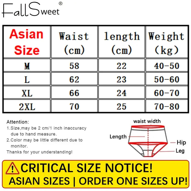 5Pcs seamless mulberry silk panties for women; ultra-thin, breathable briefs with Asian size chart and FallSweet logo.
