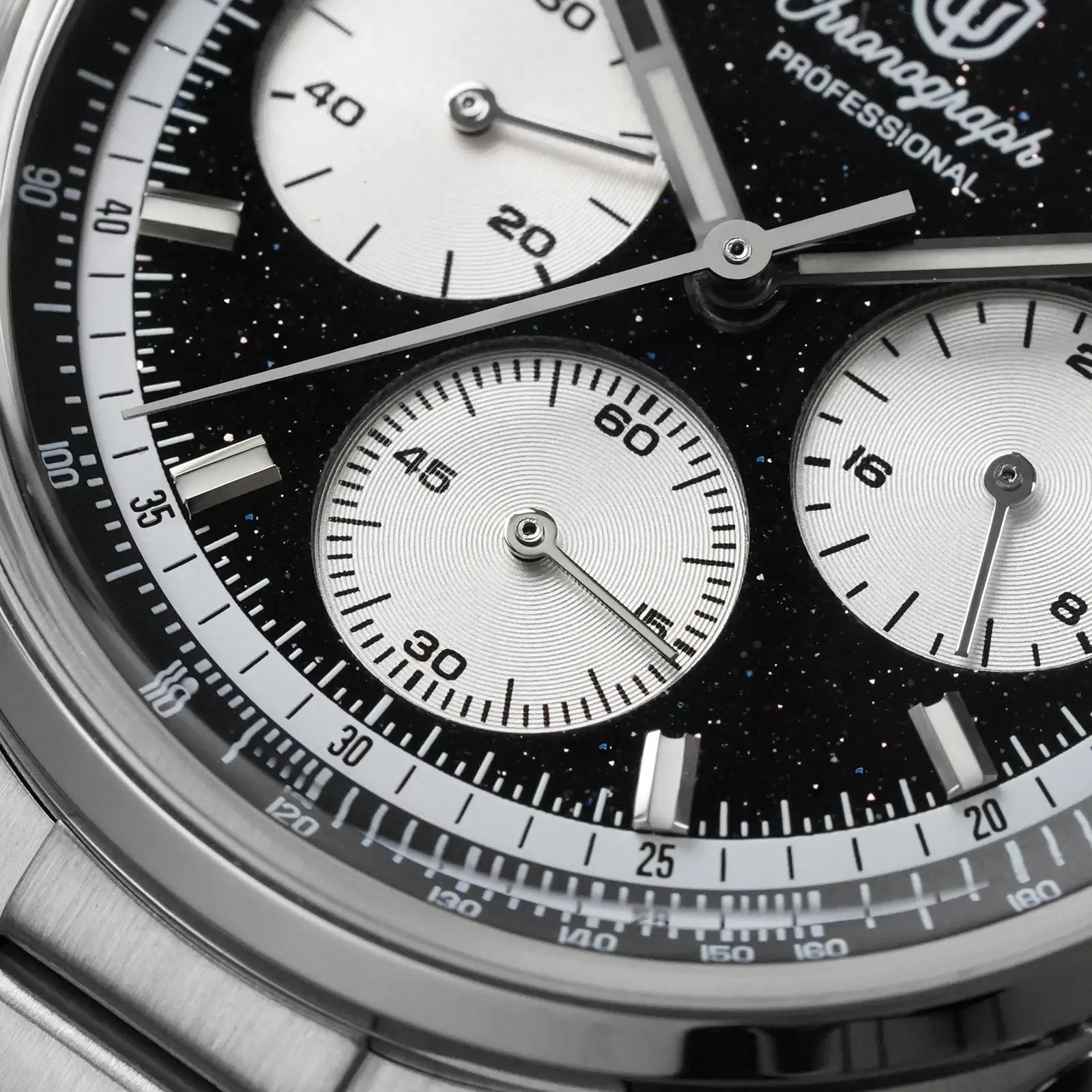 Watchdives WD0526 VK63 chronograph watch; 38.5mm stainless steel case with silver subdials on a starry black dial