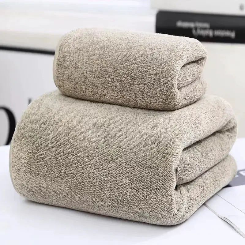 Simples Market bamboo towel set; quick-drying beige bath towels and hand towel, 3-piece stack