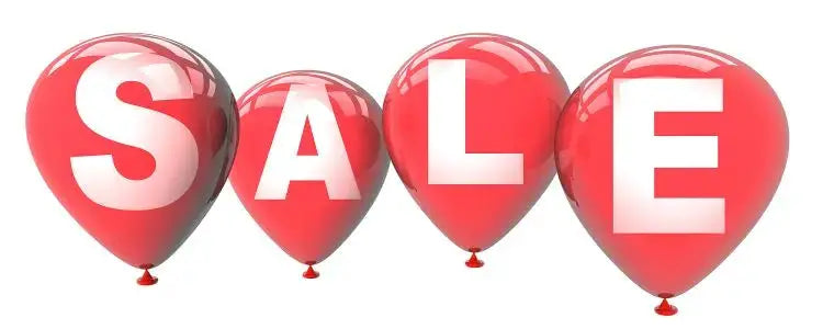 Sale balloons banner with four red balloons spelling SALE in white letters.
