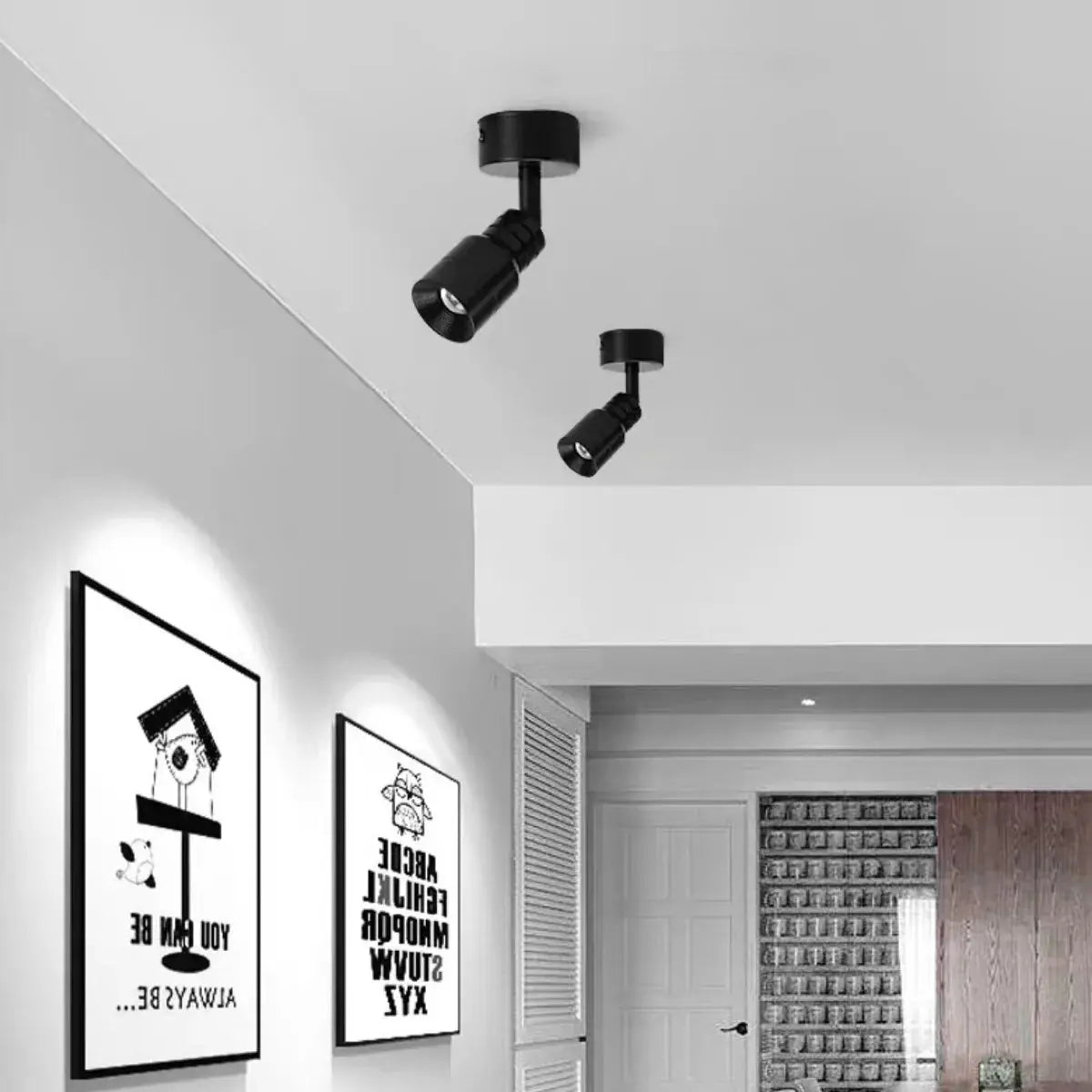 Pair of black adjustable LED ceiling spotlights, surface-mounted, angled heads.