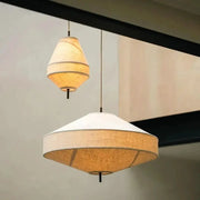 Japanese Wabi Sabi fabric pendant lights by Simples Market, two beige fabric shades.