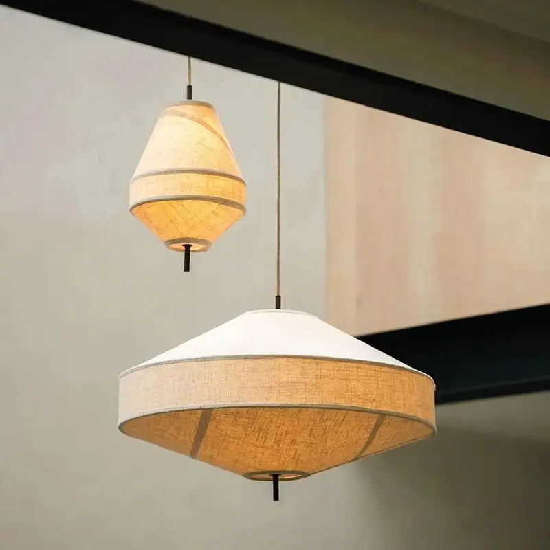 Japanese Wabi Sabi fabric pendant lights by Simples Market, two beige fabric shades.