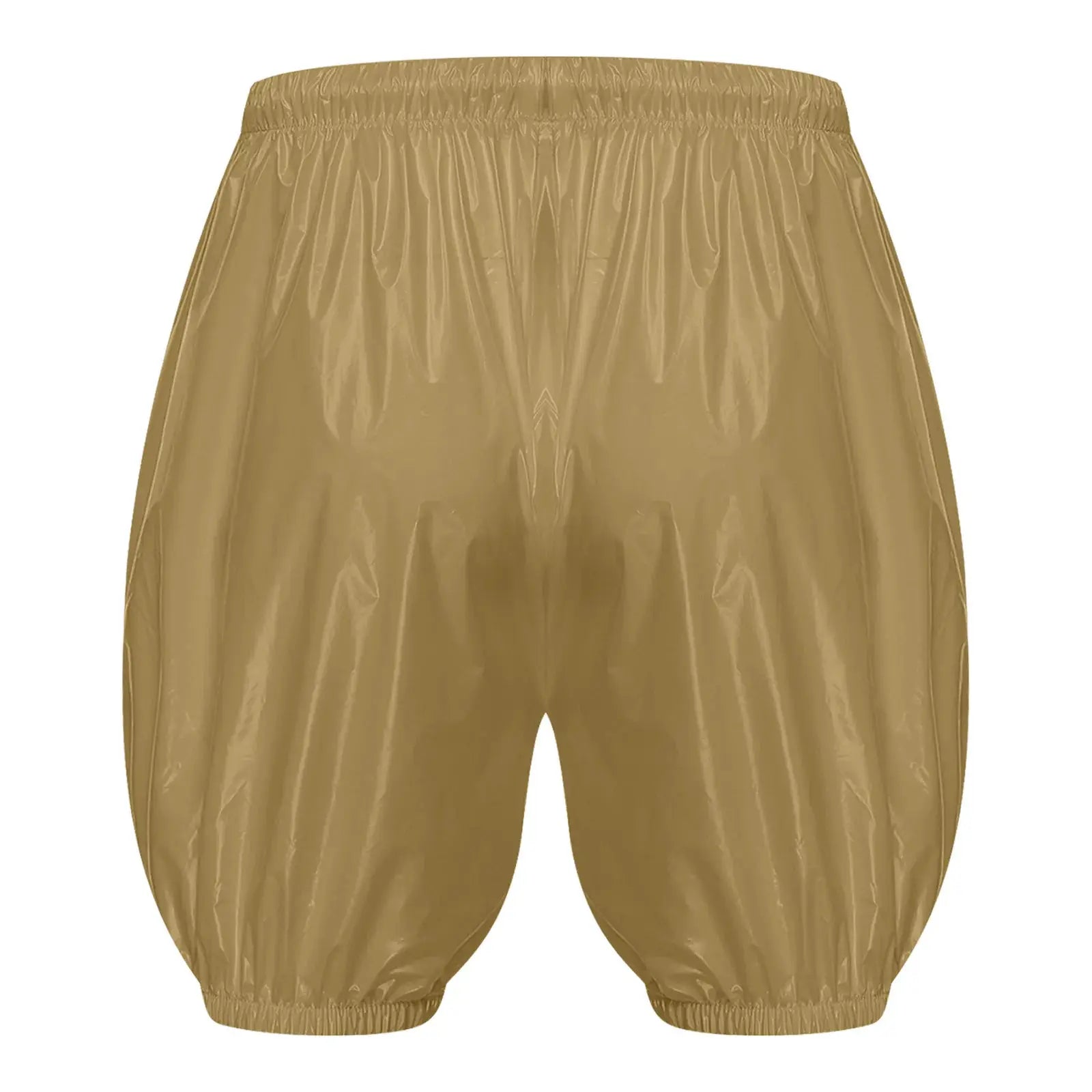 Adult waterproof diaper cover shorts by Simples Market, gold shiny fabric with elastic waist