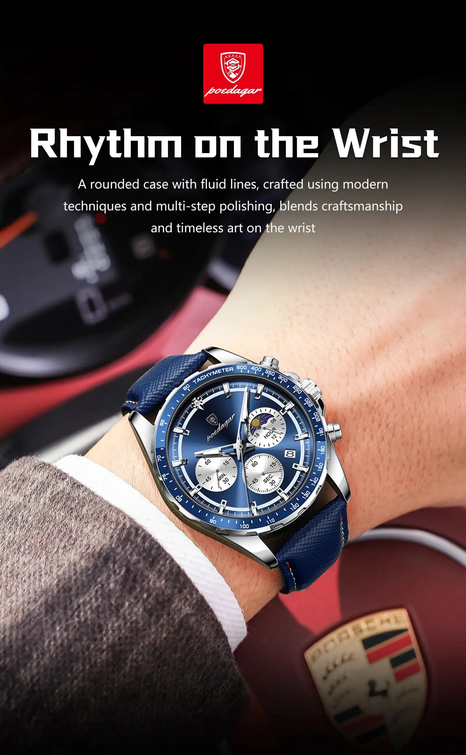 POEDAGAR men's blue chronograph wristwatch with leather strap and tachymeter bezel