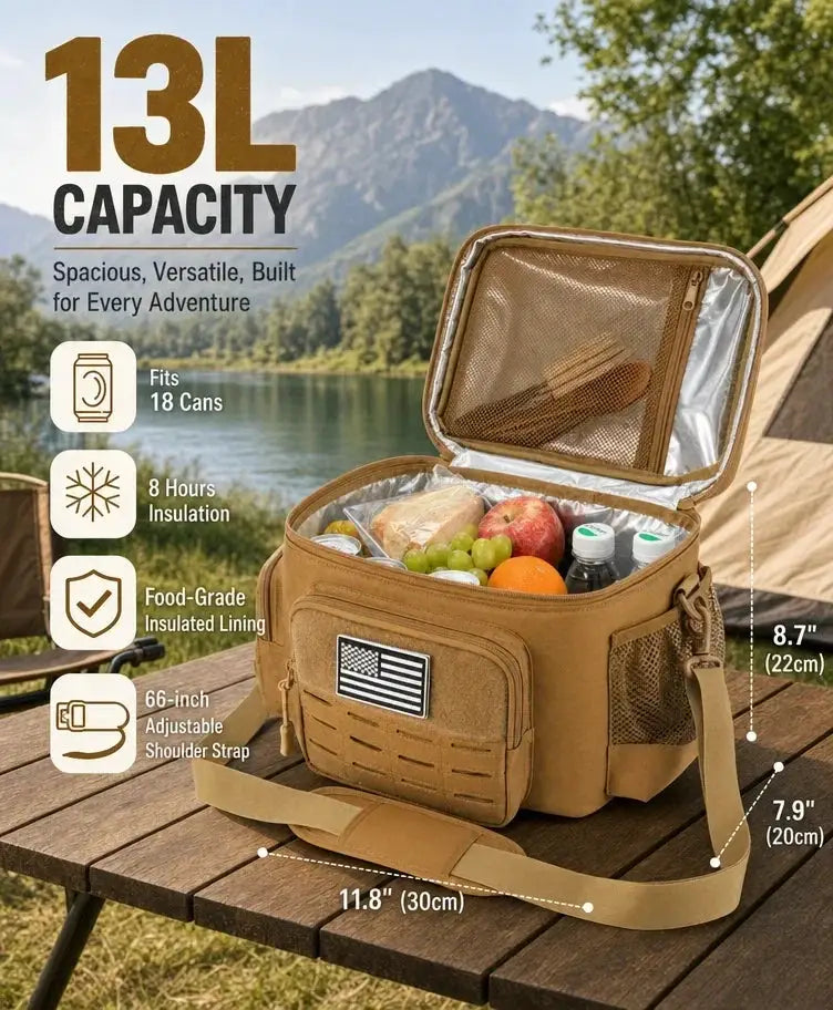 13L Tactical Thermal Cooler Lunch Bag in tan, insulated and leakproof, with adjustable shoulder strap