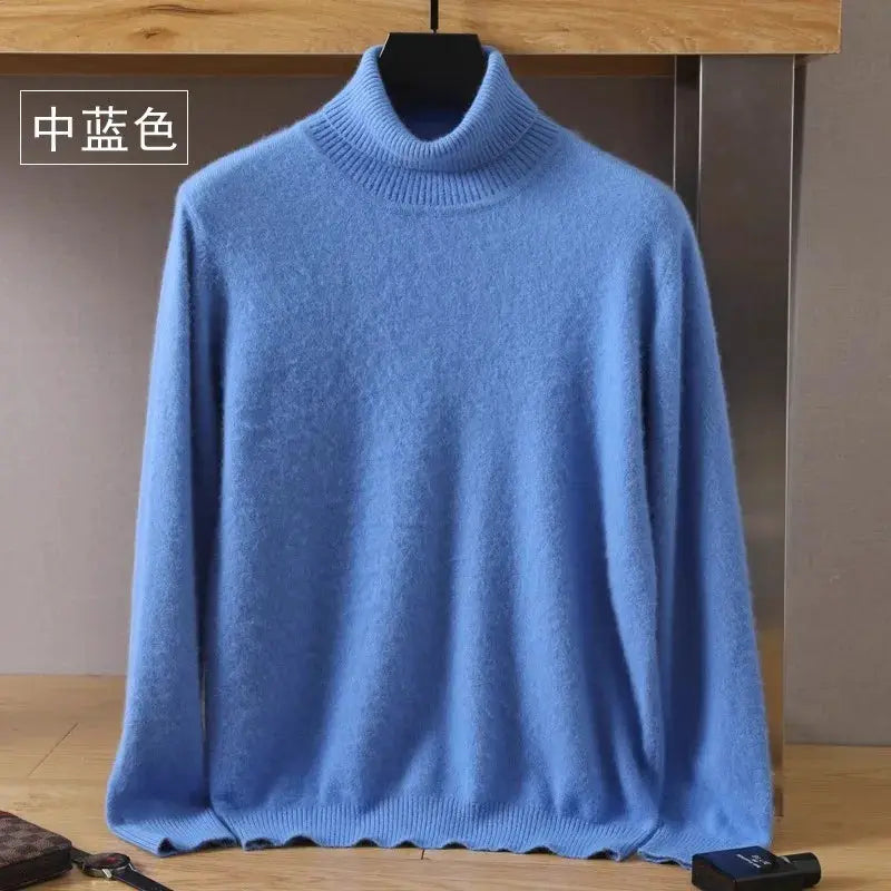 Men's 100% pure mink velvet cashmere sweater by Simples Market in medium blue with a high-neck ribbed collar