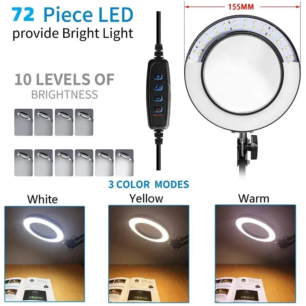 72 LED Illuminated Magnifier 8X 10X Magnification USB Desk Lamp With 3 LEDs For Soldering Repair Crafting And Beauty