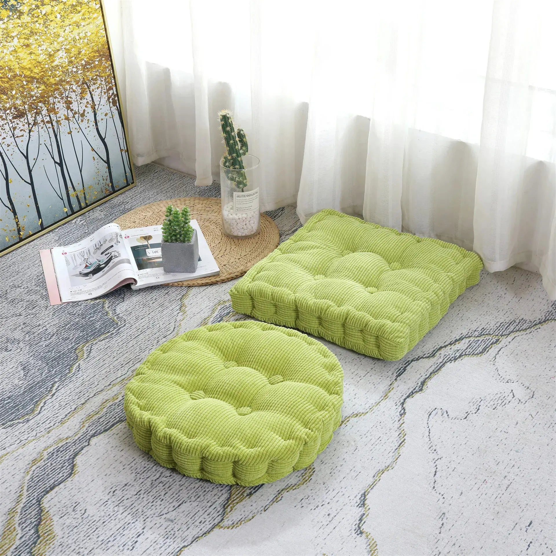 Set of three lime green tufted seat cushions, 50x50cm.