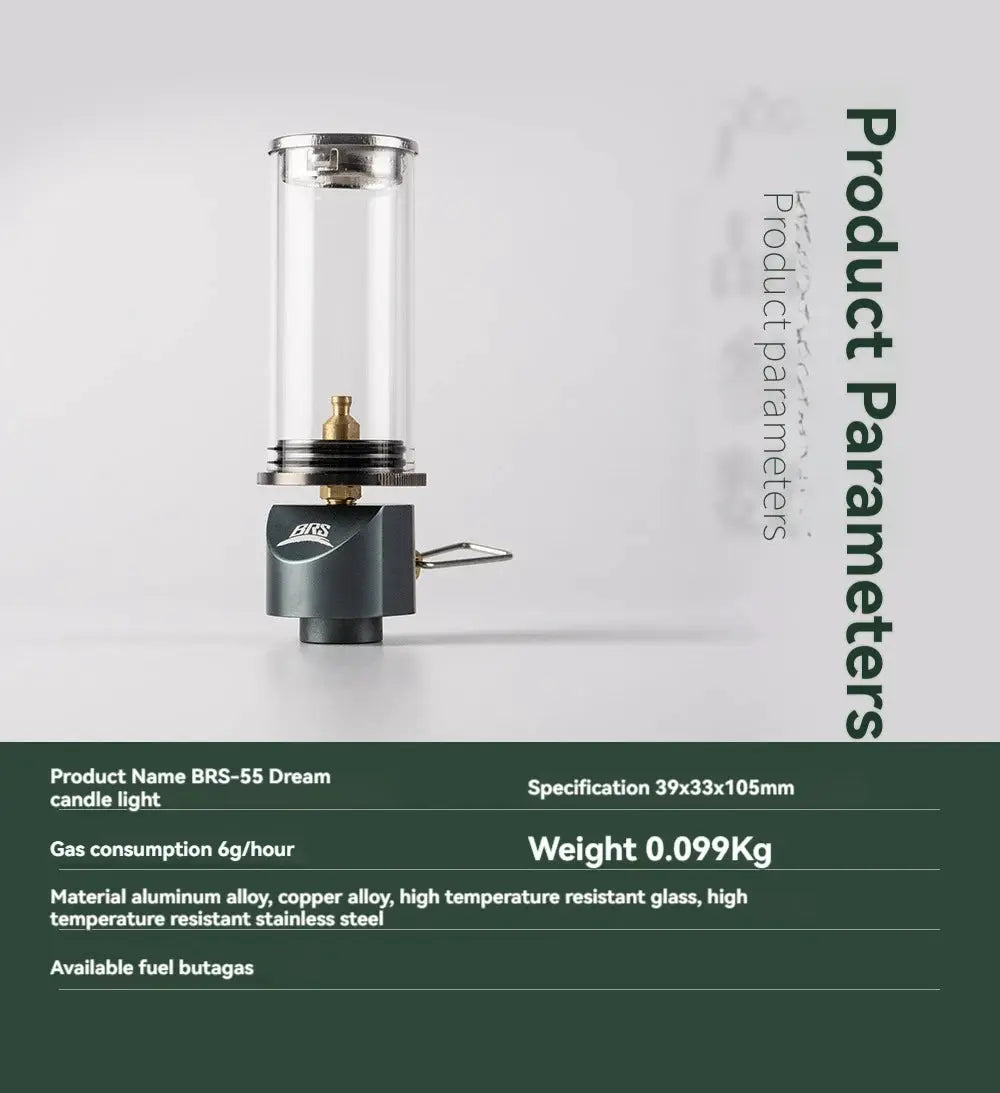 BRS-55 Dreamlike Candlelight Lamp windproof gas burner for camping; glass chimney, gray base
