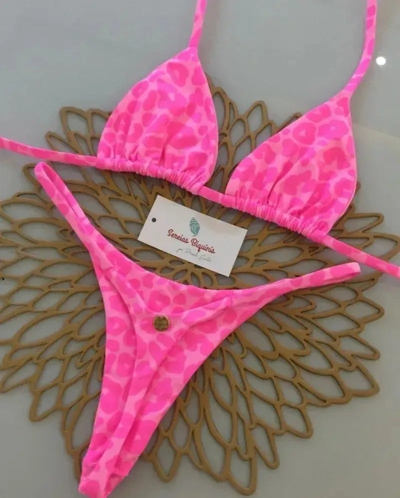 Bikini set pink leopard print halter top and thong bottoms — Simples Market