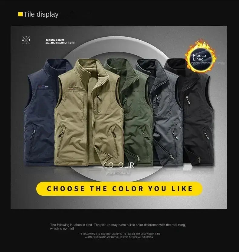 Outdoors heated gilet for men by Simples Market; six color options shown, fleece-lined casual hiking vest