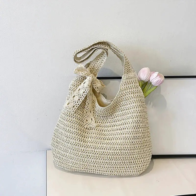 Fashion rattan women shoulder bag by Simples Market, beige woven straw tote with bow, large capacity