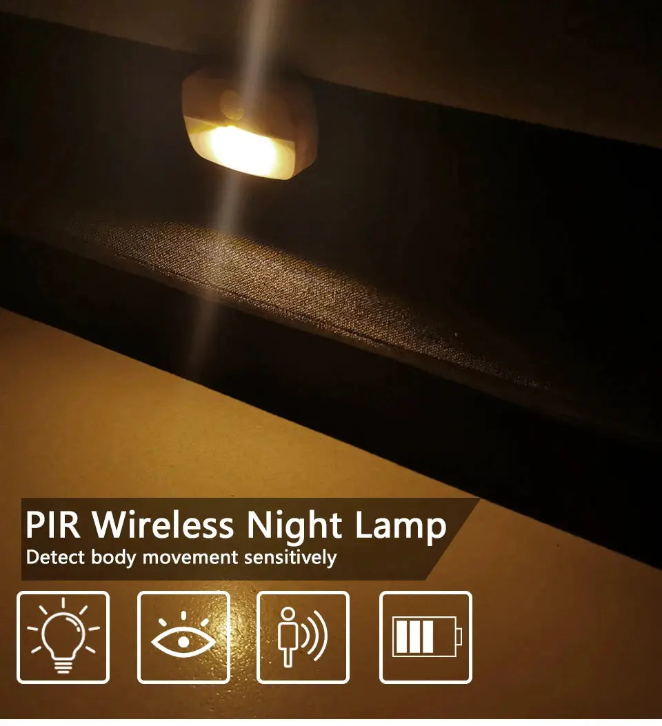 Simples Market LED night light with motion sensor; wireless battery-powered bedside cabinet lamp.