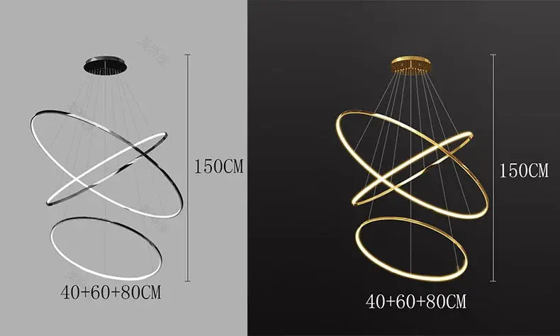 LED pendant light with three interlocking rings, modern home decor, gold finish, 150 cm height, 40+60+80 cm