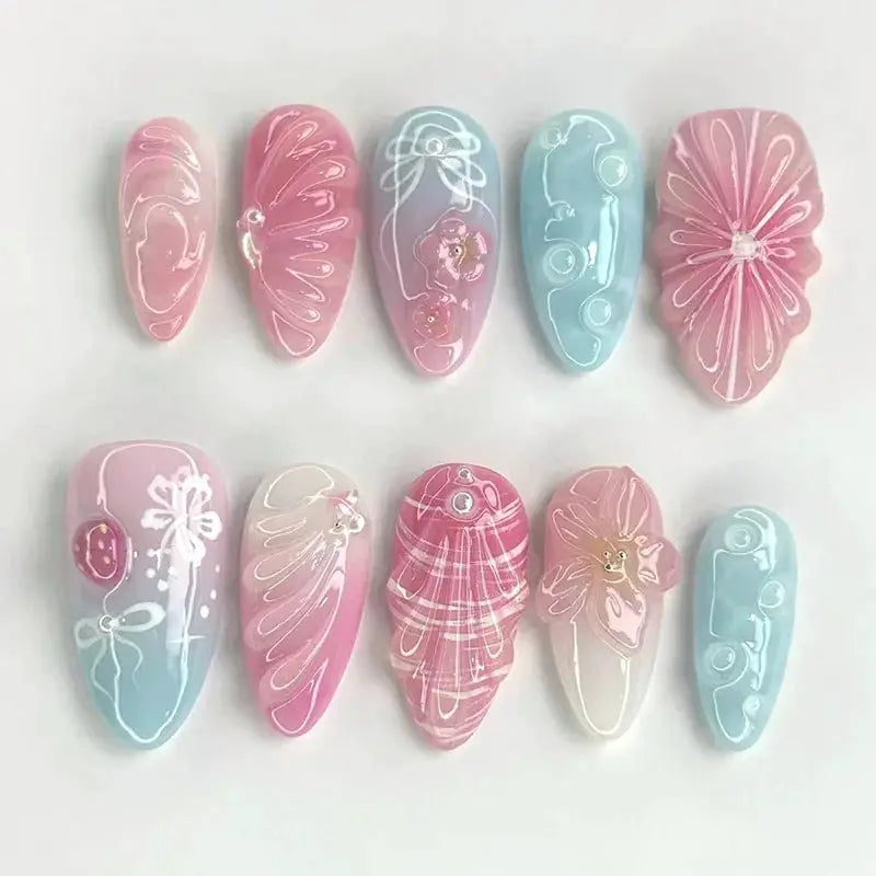 GlamNail Pink Almond Press On Nails Full Coverage Carved Flower 3D Ripple French Tips Golden Pearl Finish