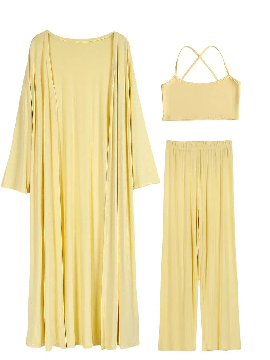 Modal Three Piece Women Set Long Sleeve Cardigan Vest High Waist Pants