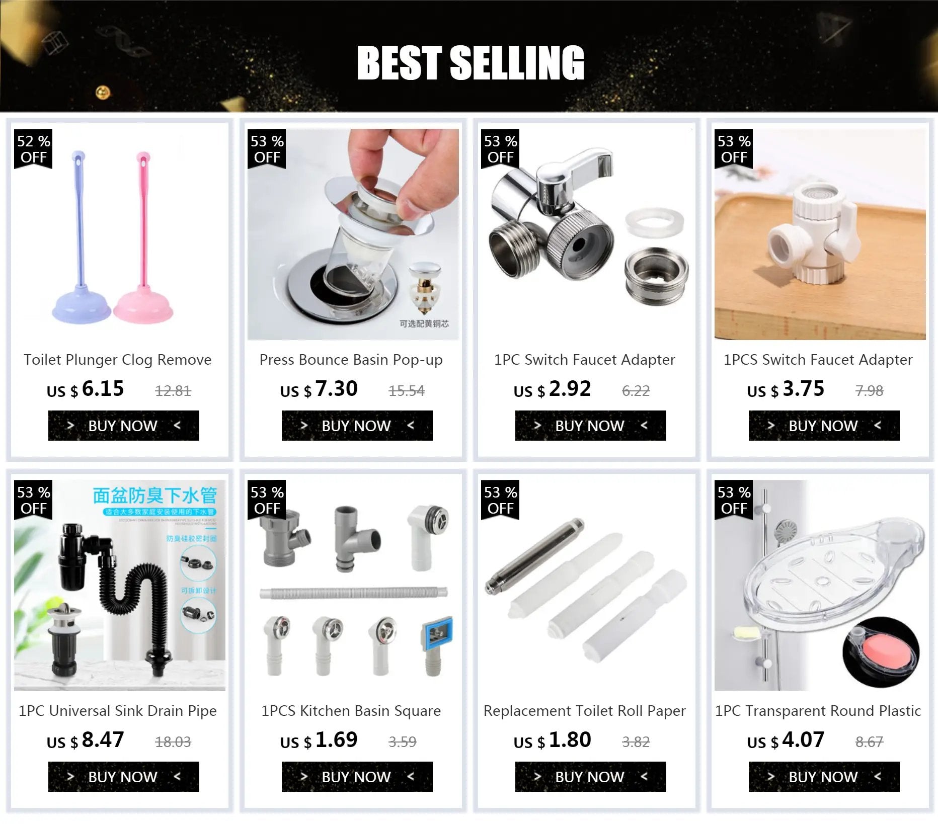 Bathroom faucet parts and accessories grid with 8 mixed-color items on a best-seller page.