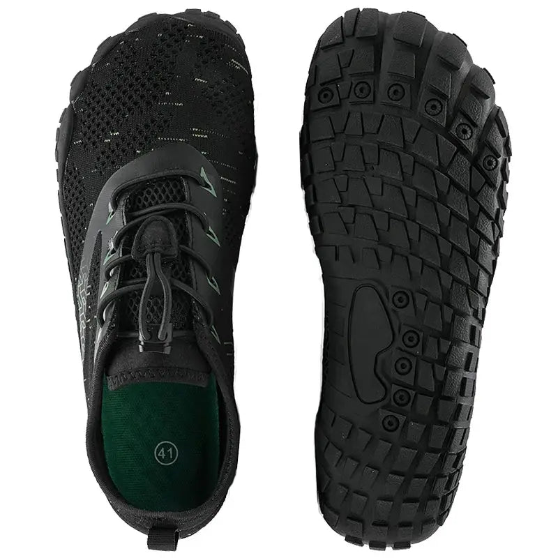 Pair of men's minimalist barefoot-style trail running shoes, wide width, black rugged outsole