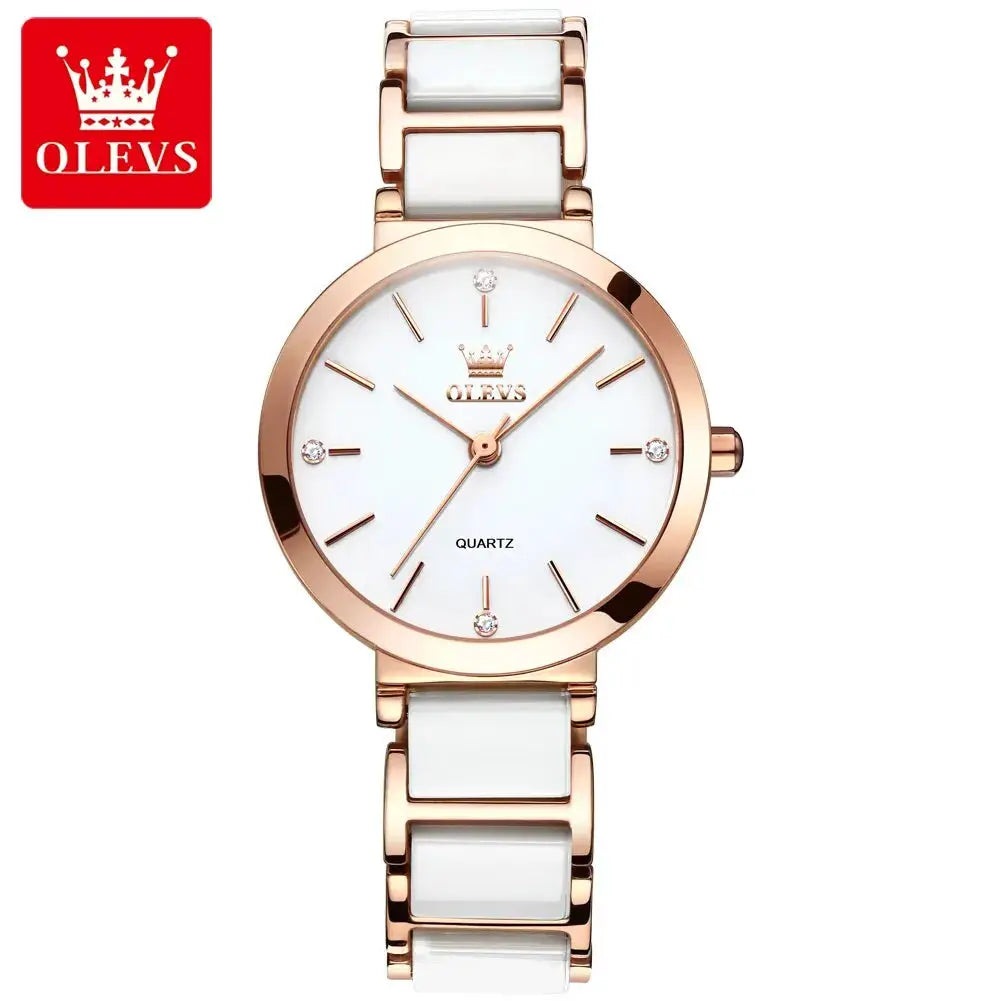 OLEVS women's wristwatch with rose gold case, white ceramic strap, quartz movement