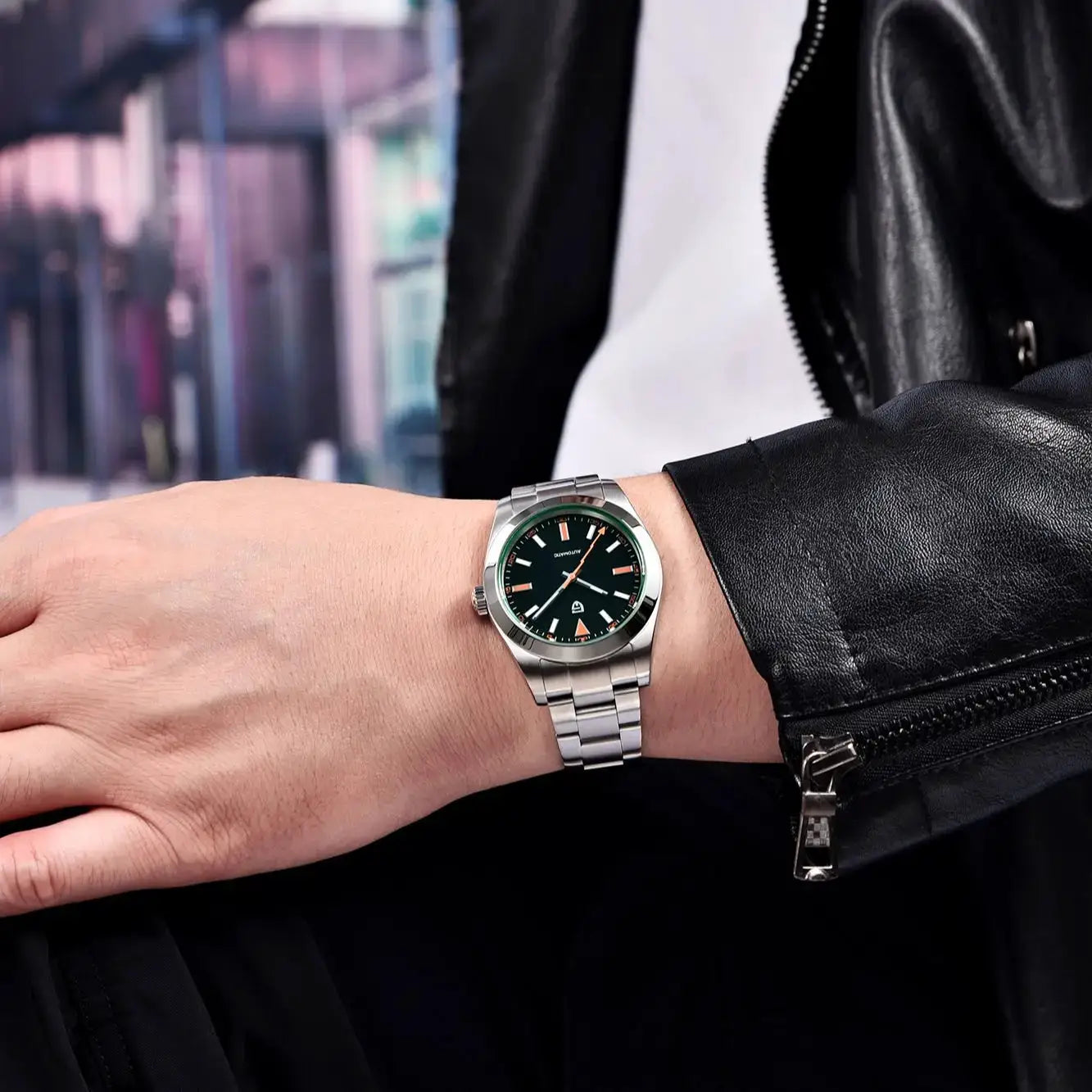 PAGANI DESIGN men's stainless steel automatic wristwatch with black dial, green glass, AR sapphire crystal