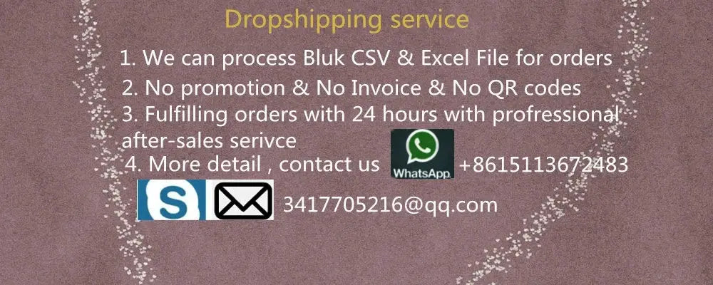 Dropshipping service banner on purple background with contact details and icons (WhatsApp, Skype, email).