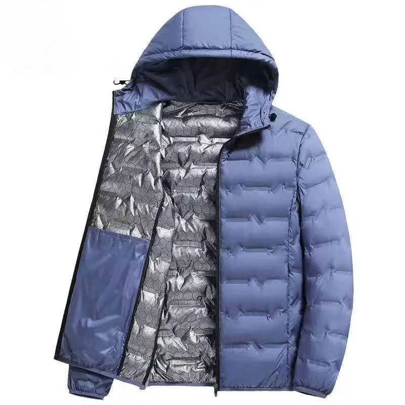 Men's blue down puffer jacket with hood; quilted exterior and silver inner lining.