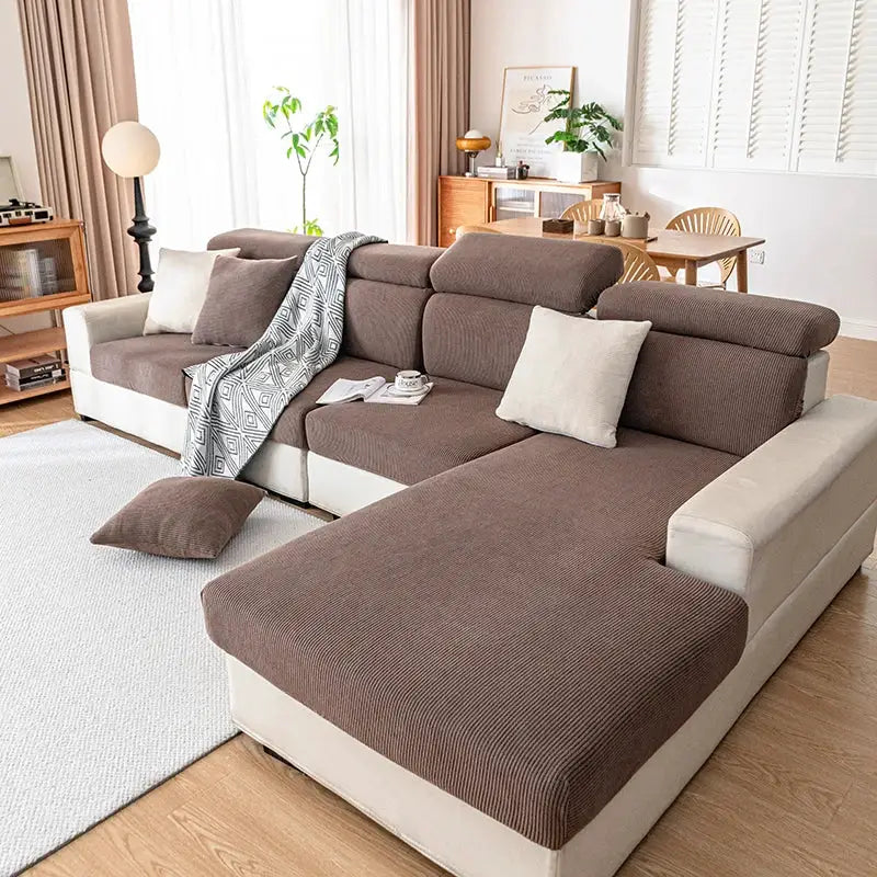 Sofa cover set in brown plush fabric, elastic fit for sectional sofa, Simples Market removable cushion cover.