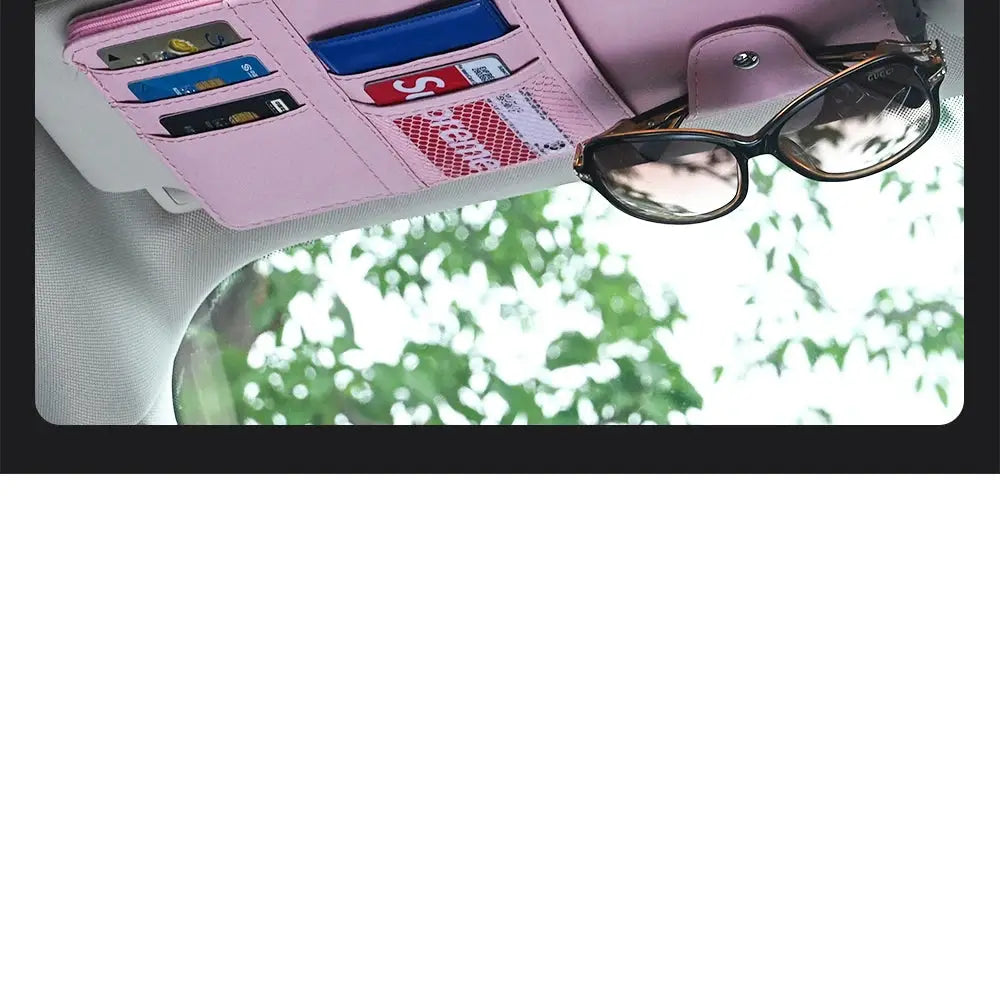 JFBONIN car sun visor organizer, pink with sunglasses clip and card slots by Simples Market.
