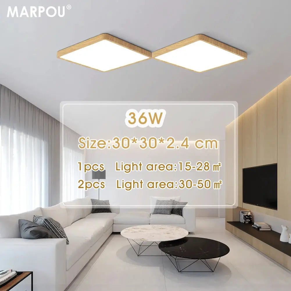 MARPOU Tuya Smart LED ceiling lamp, wood-grain square, 2-pack for living room, remote/app control, square ceiling lamps