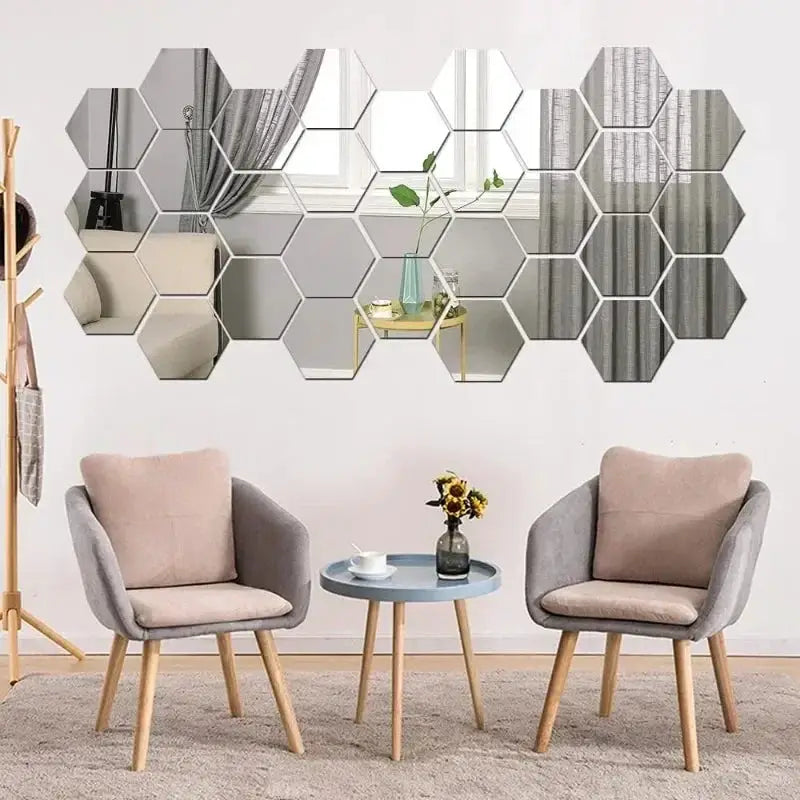 Hexagon acrylic mirror wall sticker set (5pcs), silver and gold mosaic tiles for removable DIY bedroom bathroom decor.