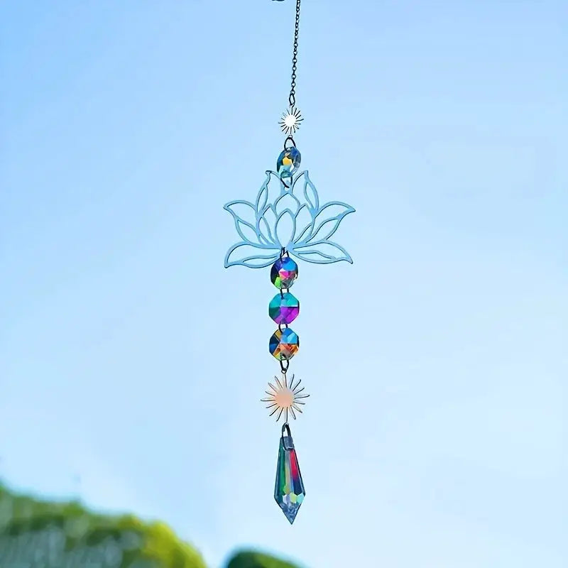 Metal Lotus Suncatcher Charm with Artificial Crystals Handmade Wind Chime Pendant for Home Garden Decoration