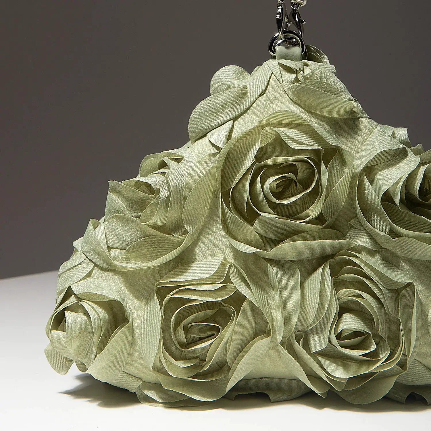 Mini purse with sage green satin rosette floral design for bridal events, Simples Market