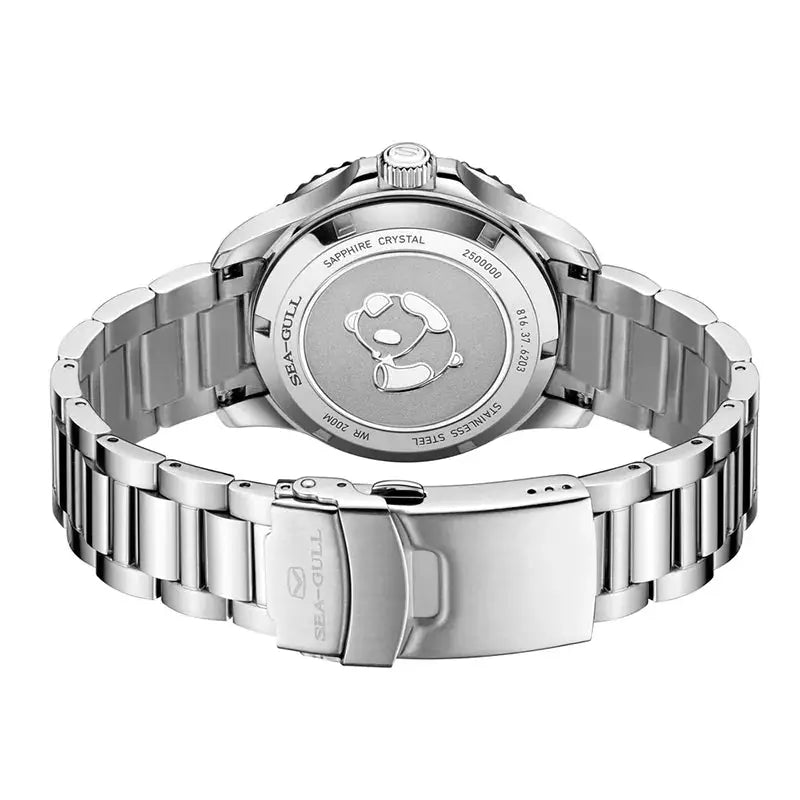 Seagull stainless steel diving watch with panda emblem on case back; 200m water resistant
