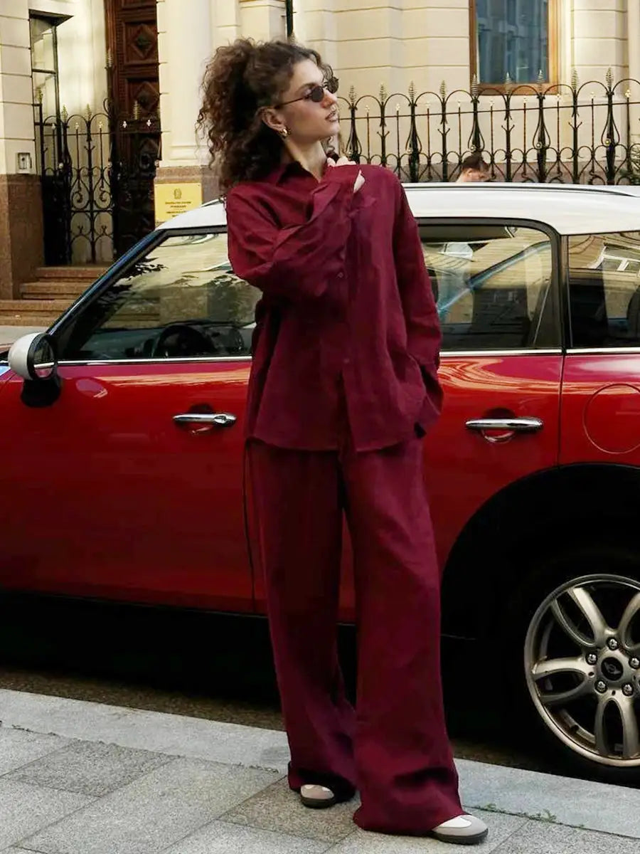 Women Cotton Casual Pants Set Solid Color Lapel Shirt Elastic Waist