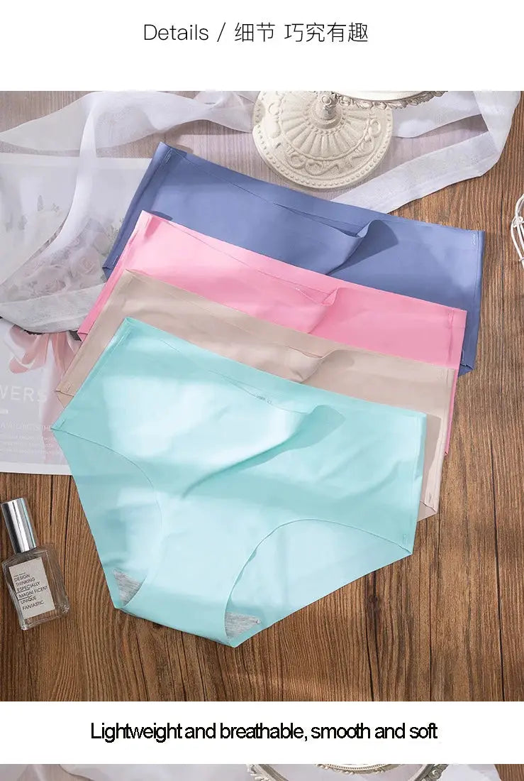 4-piece plus-size women's panties set in ice-silk, seamless, pastel colors