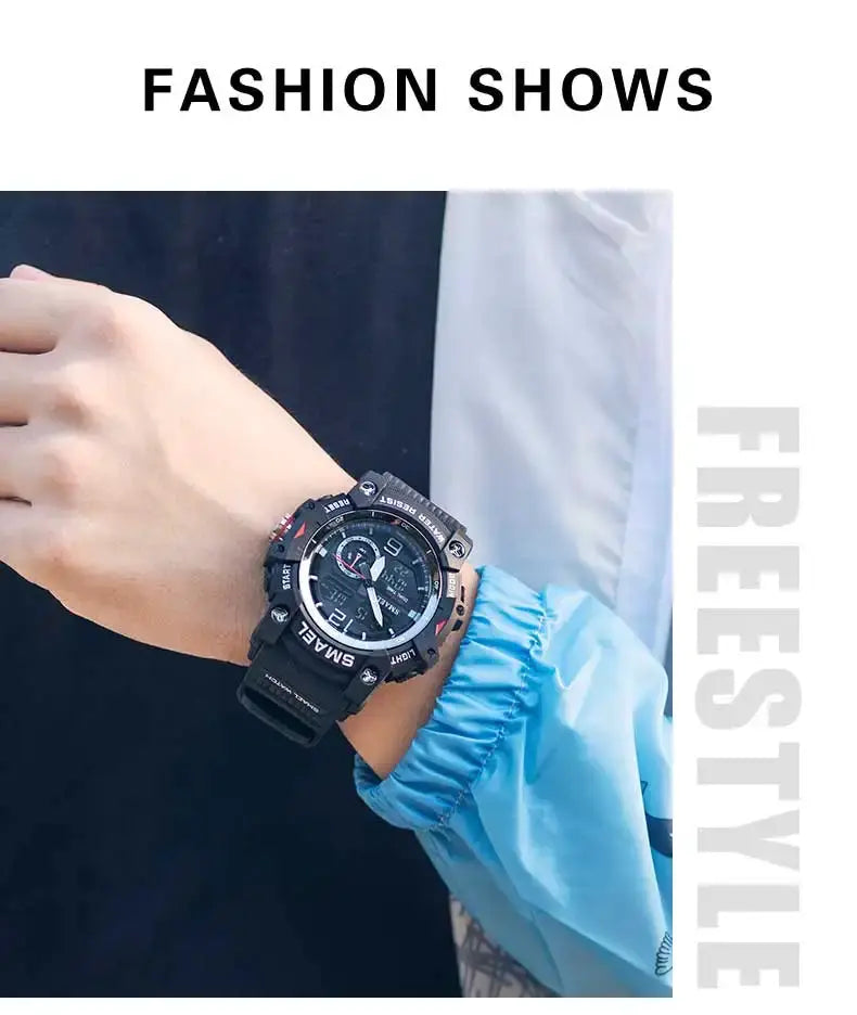 SMAEL military sport watch on wrist; black rugged case, digital-analog display, dual time, water resistant.