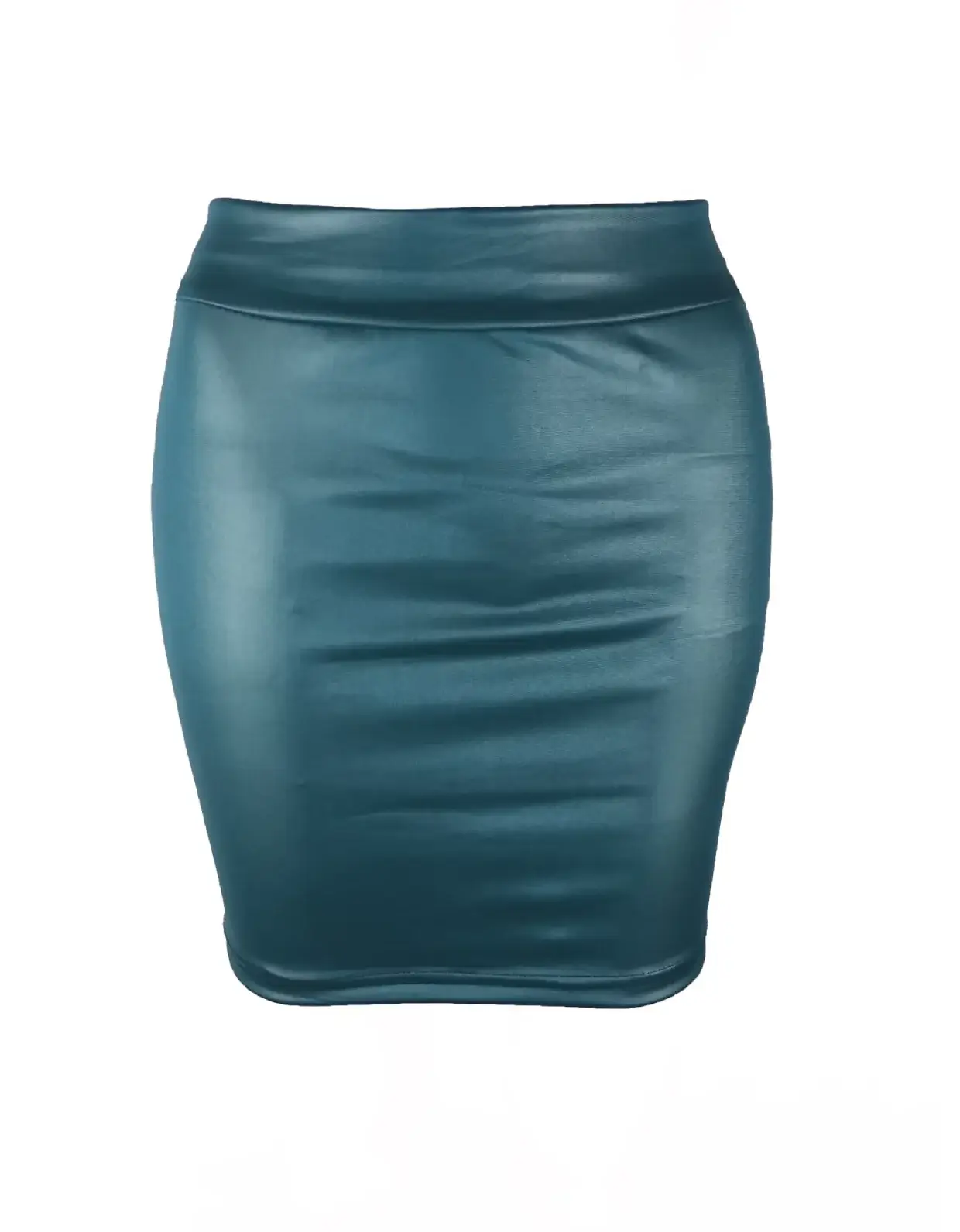 Leather matte PU mini skirt in teal blue, high-waist, slim fit