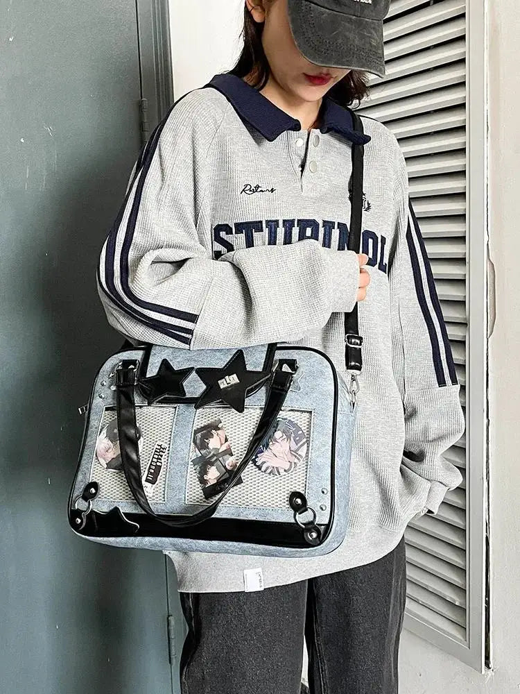 Simples Market Y2K star Ita bag transparent crossbody with black star accents and photo inserts