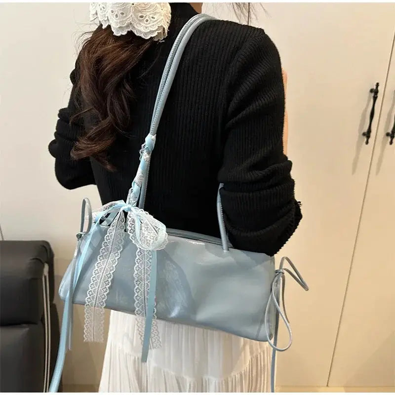 Simples Market light-blue PU leather square shoulder bag with lace bow decoration