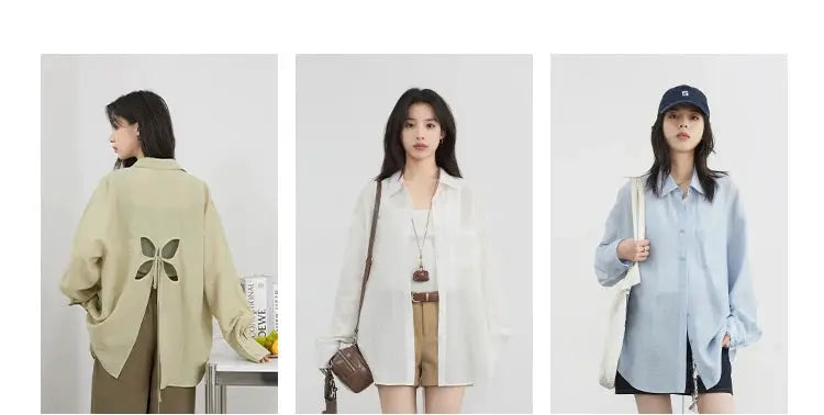CHIC VEN Women’s long sleeve shirts; beige back-hollow top, white and light-blue solids, 3-piece display