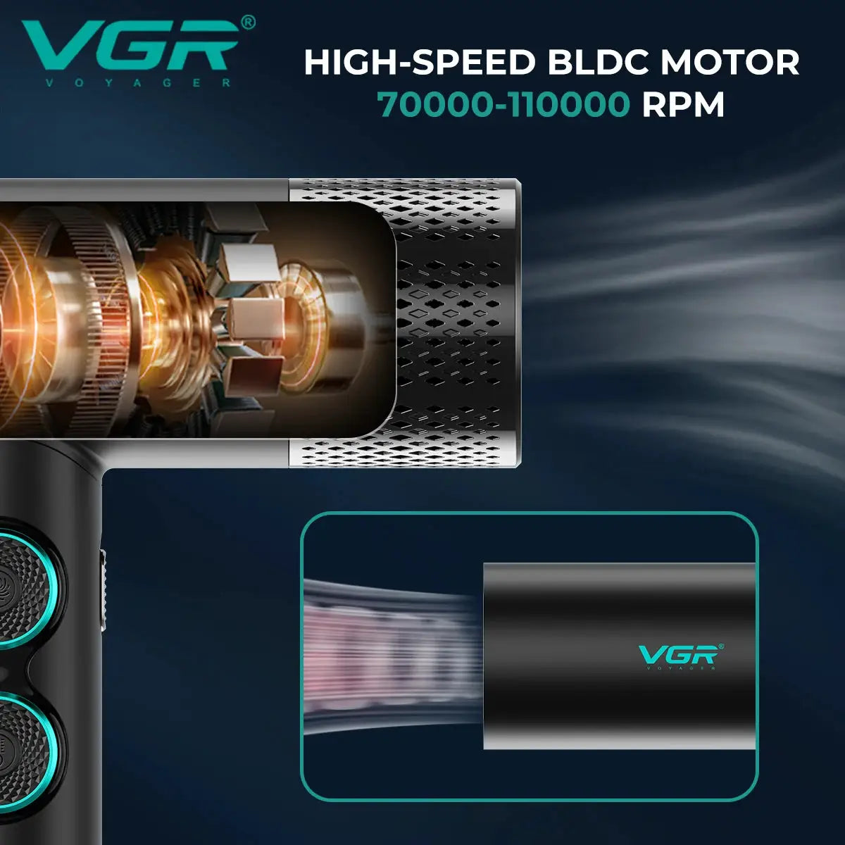VGR hair dryer with high-speed BLDC motor, 70000–110000 RPM, black with teal accents.