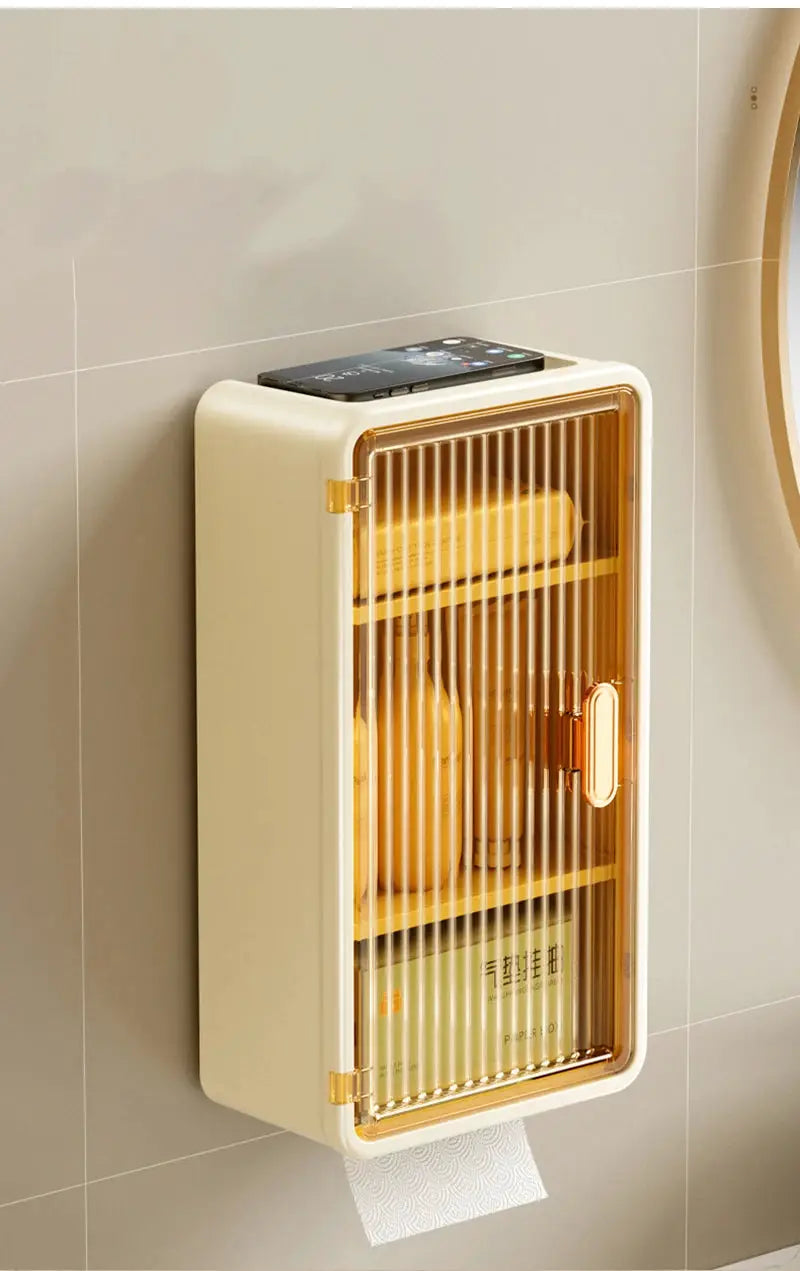 Simples Market wall-mounted bathroom storage cabinet with beige finish, glass door, tissue roll holder.