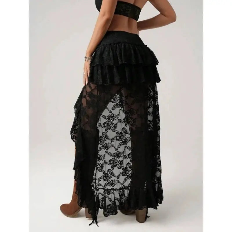 Deeptown Y2k asymmetrical black lace tulle skirt for women, layered ruffles with sheer floral lace overlay.
