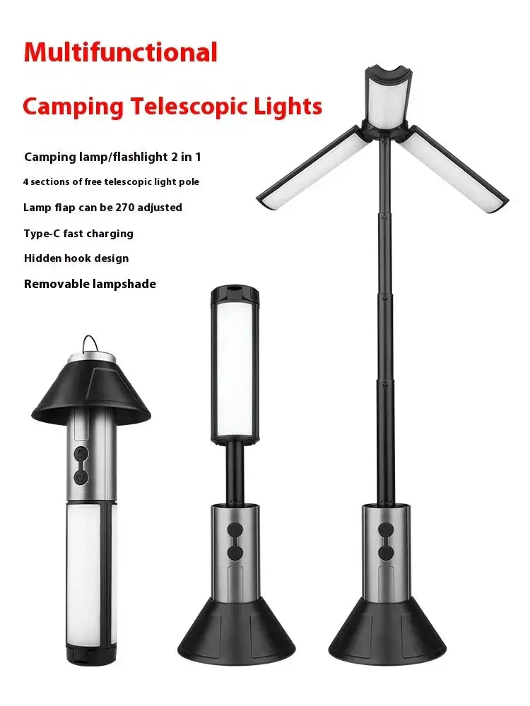 Simples Market multifunctional camping telescopic light with foldable pole; rechargeable 2-in-1 lamp/flashlight