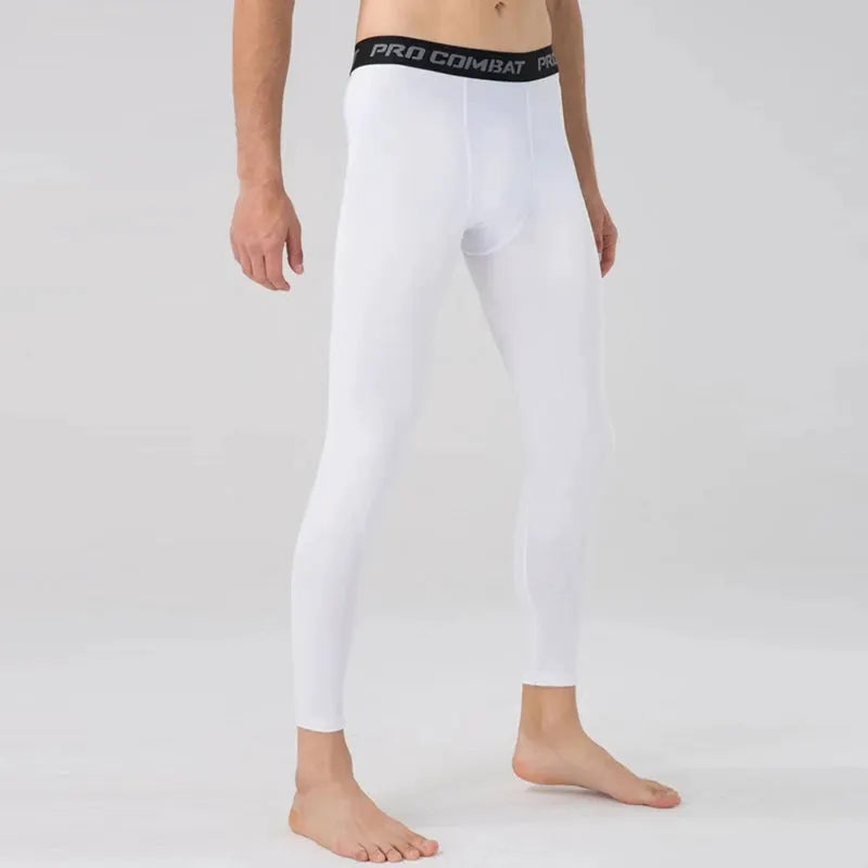 Men's white Pro Combat compression leggings with black waistband; athletic base layer