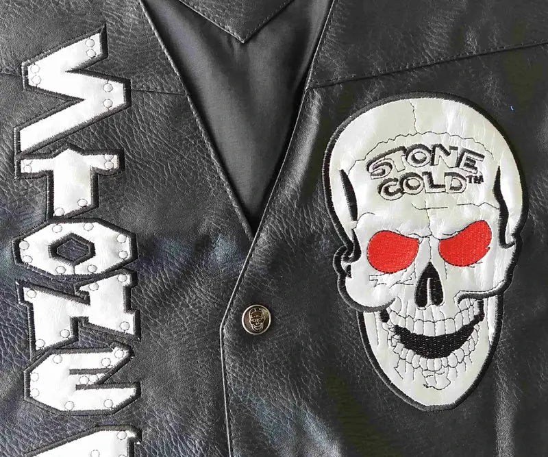 Steve Austin 3:16 Smoking Skull vest, black leather with Stone Cold skull patch, Simples Market
